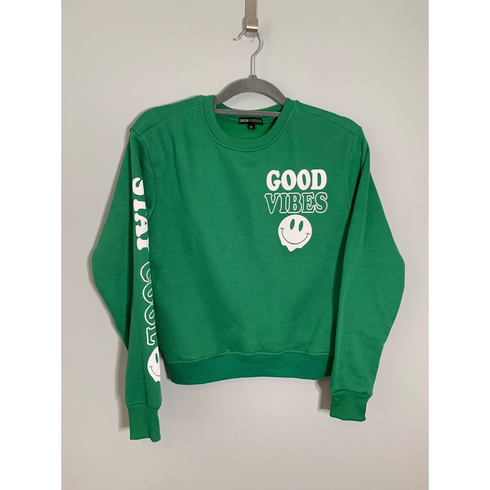 NEW Green Goddess Graphic‎ Sweatshirt Womens Medium Green Good Vibes Smiley Face